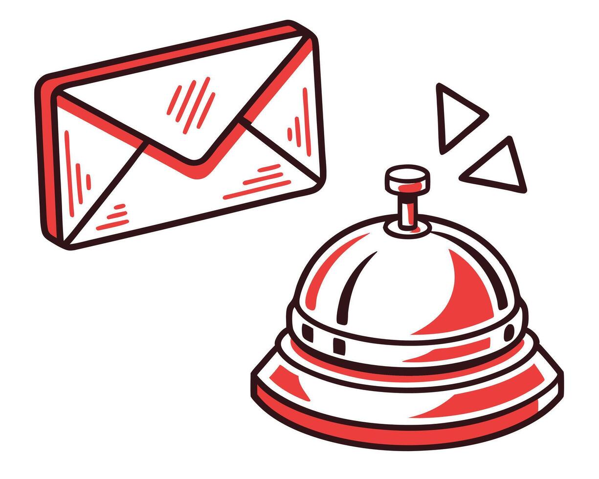 Illustration featuring a red envelope and a hotel service bell against a white background vector