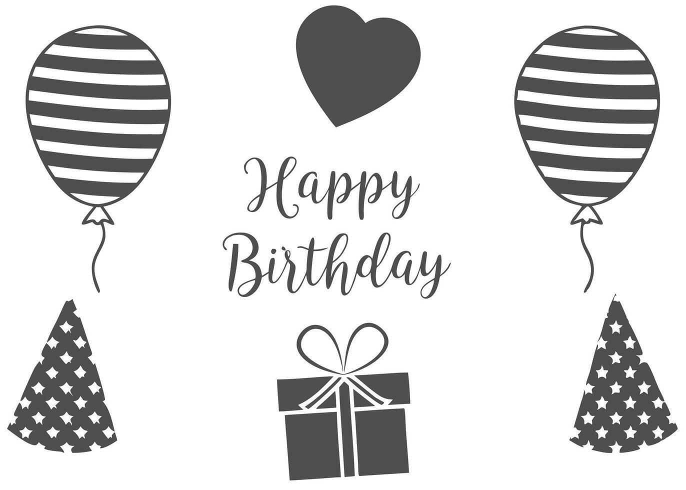 Monochrome birthday card with festive elements balloons heart gift box party celebration design vector