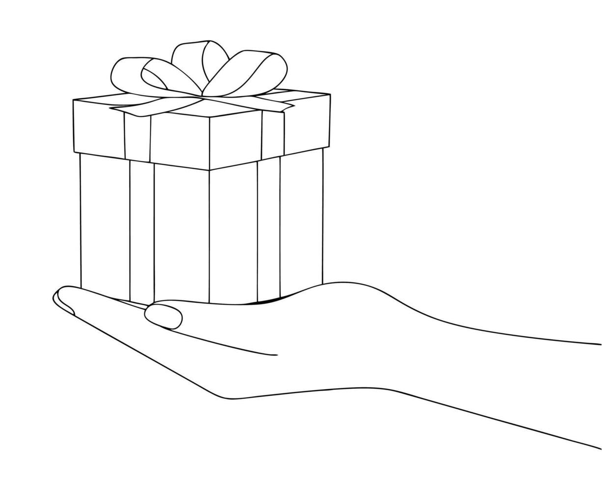 A hand presenting a gift box with a bow elegant black and white line art illustration vector