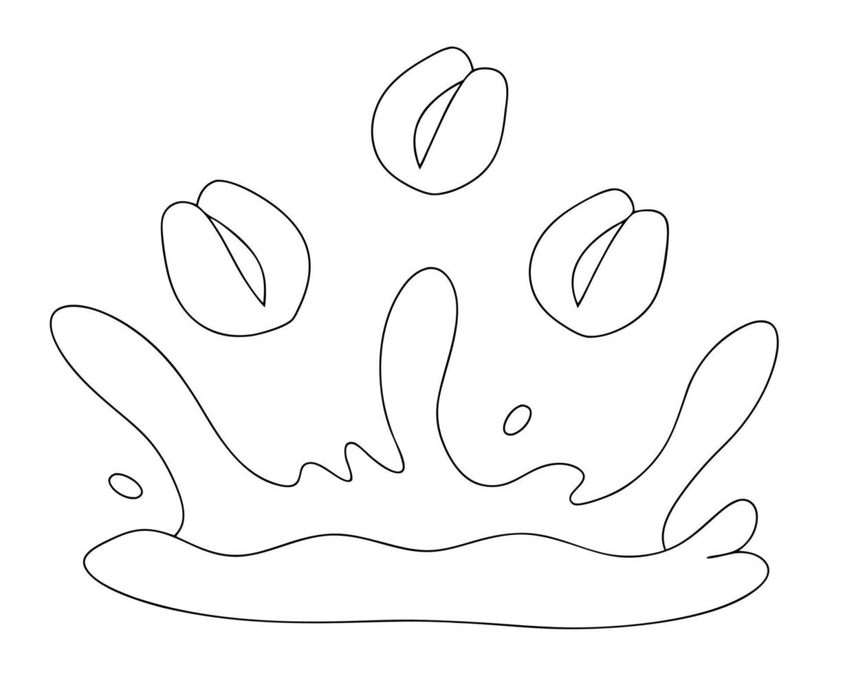 Outline illustration of coffee beans splashing into a liquid creating a minimalistic black and white design vector