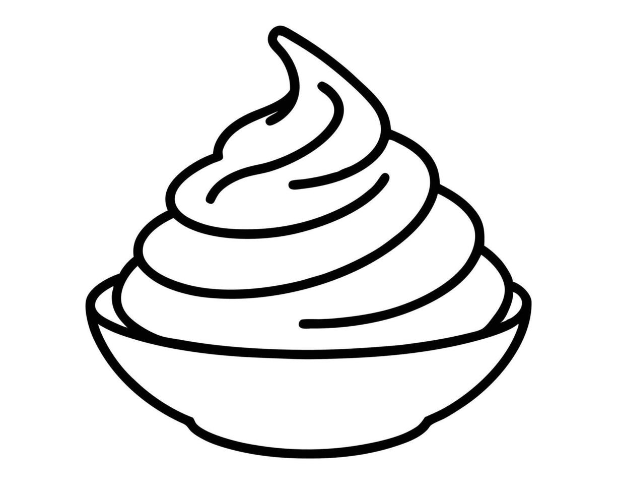 Simple black and white line art illustration of swirled whipped cream dessert in a bowl vector