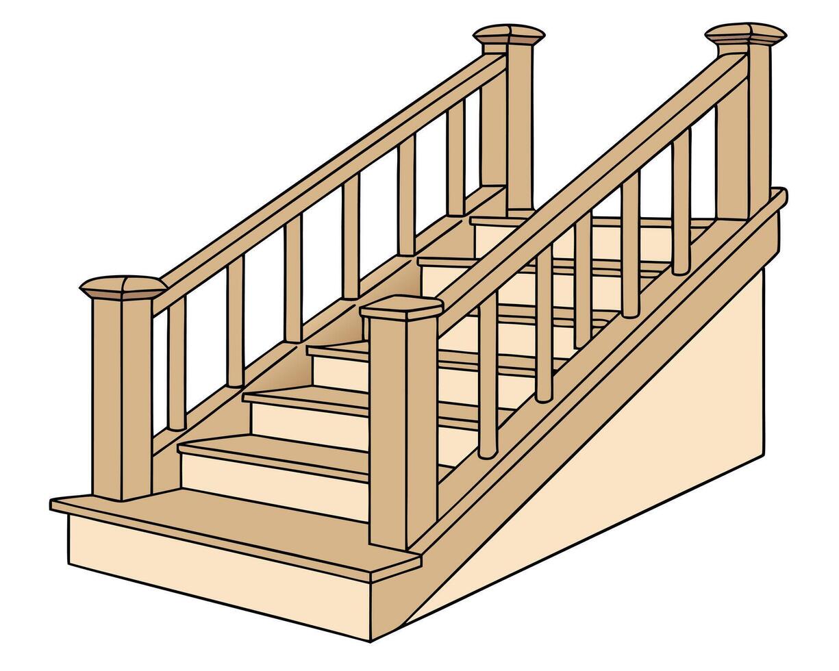 A illustration of a wooden staircase with railings isolated on a clean white background. vector