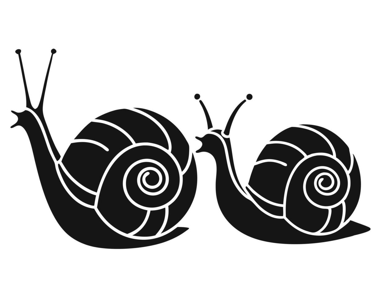 Two stylized black snails silhouetted against a clean white background for creative designs vector