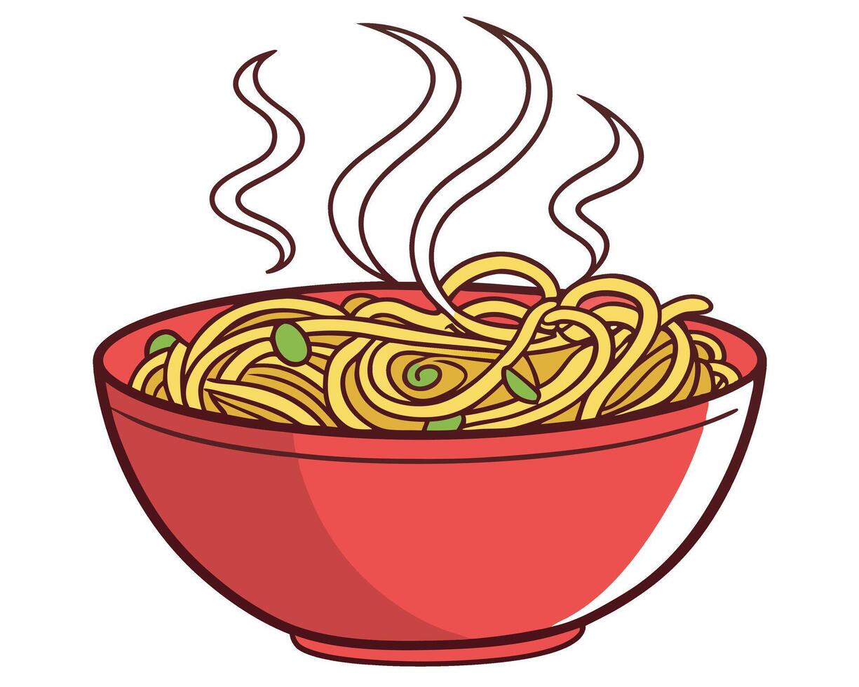 Delicious bowl of steaming hot noodles with a modern cartoon style illustration ready to eat vector