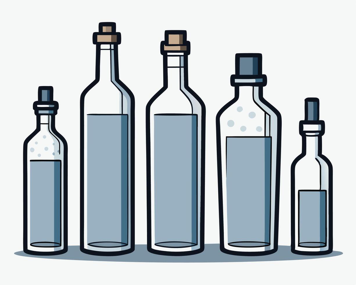 Five various sized glass bottles with blue liquid and cork stoppers against white background vector
