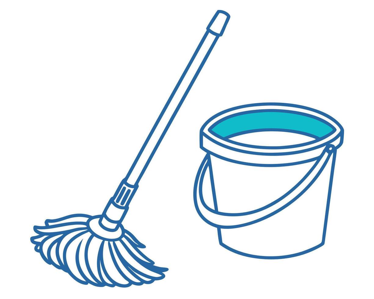 Blue and white outline illustration of a mop and bucket cleaning tools for domestic use. vector