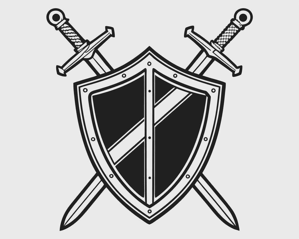 Black and white illustration featuring a shield and crossed swords representing defense and protection vector