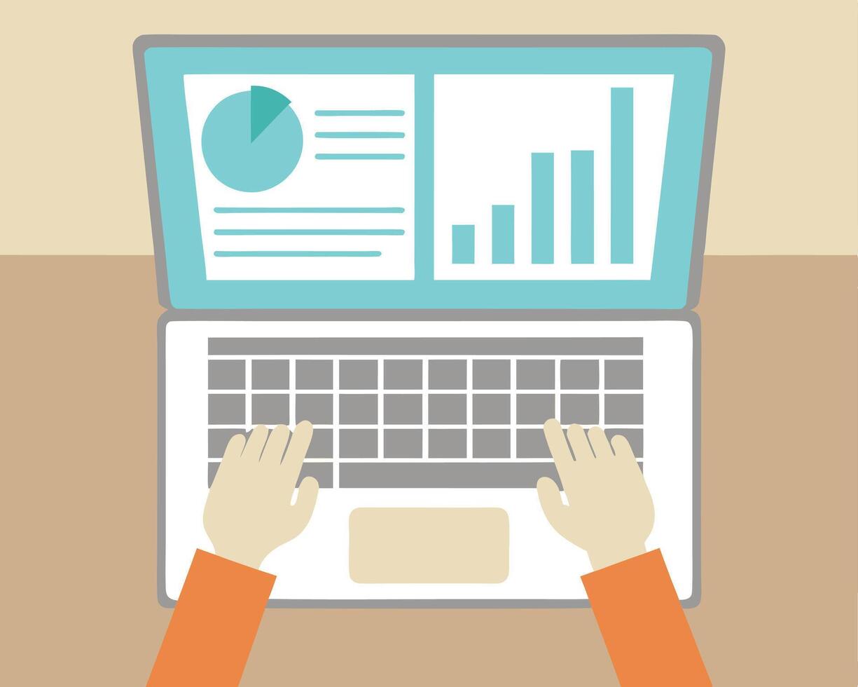 Top down perspective of a laptop displaying business data charts and diagrams analysis. vector