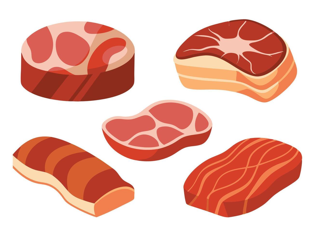 Collection of various cuts of raw meat including beef pork and bacon in flat design vector