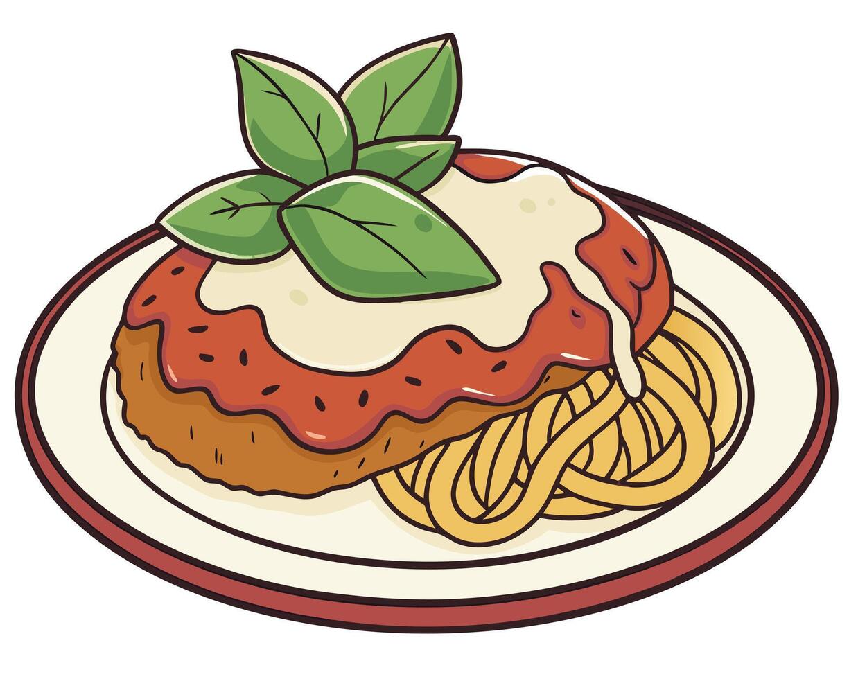 Illustration of chicken parmesan with spaghetti noodles basil leaves and creamy sauce on a plate vector