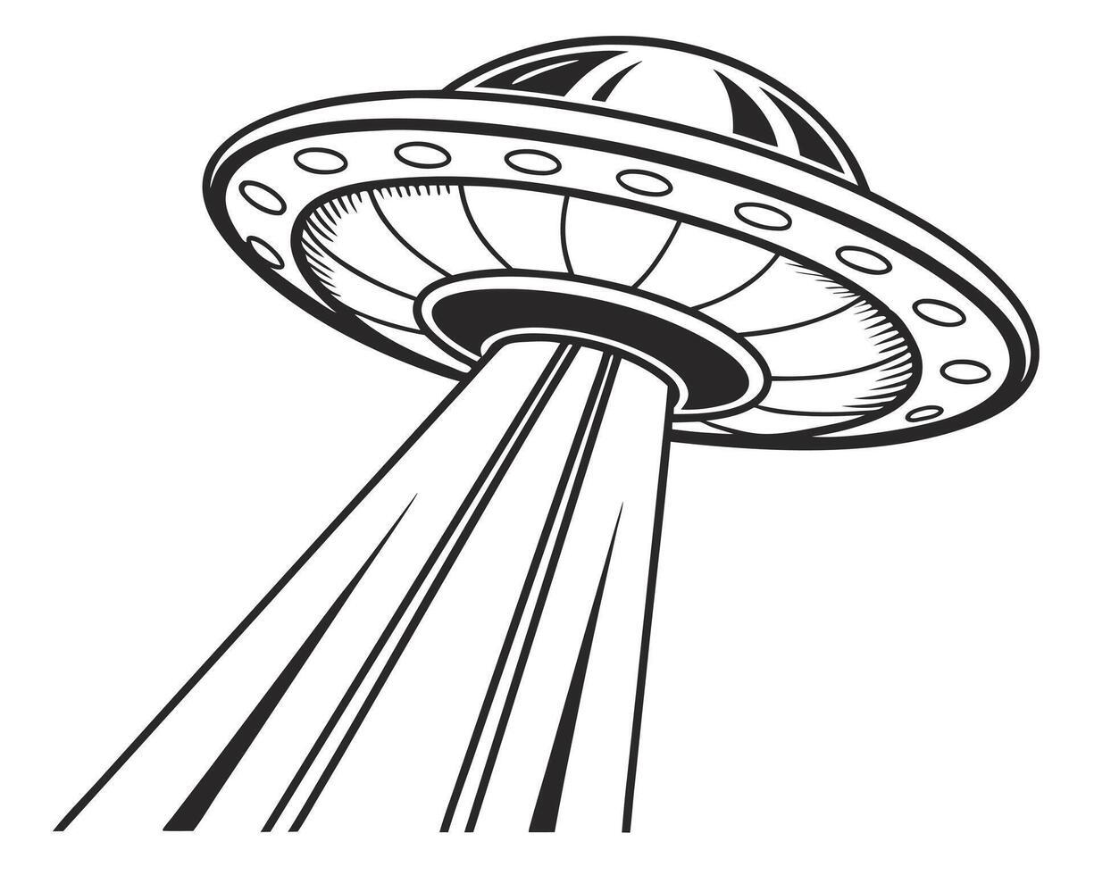 Black and white illustration of a ufo shining a bright beam into the distance vector