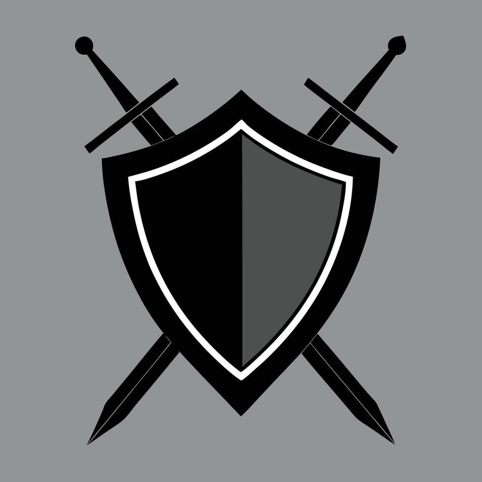 Emblem of crossed swords and shield in black and gray against a monochromatic background vector