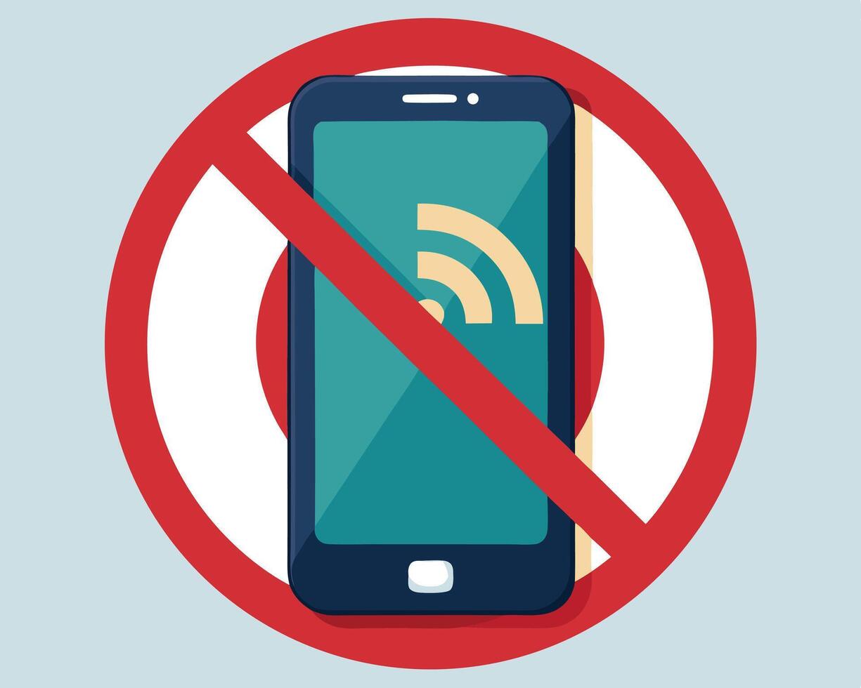 Prohibition of wireless signals illustrated with a smartphone and a red prohibition sign vector