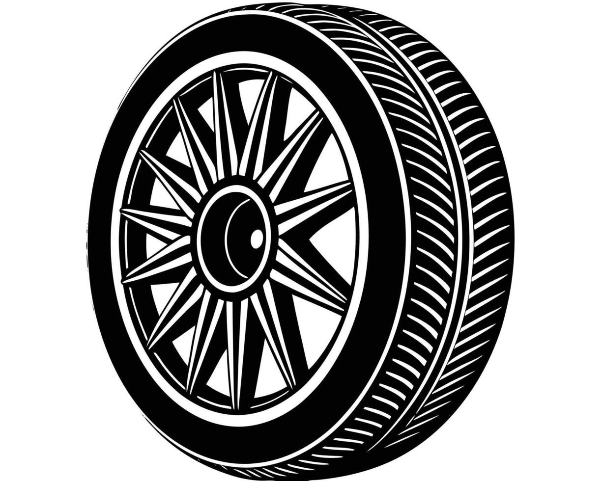 Black and white illustration of a stylized car wheel showing rim and tire tread detail vector