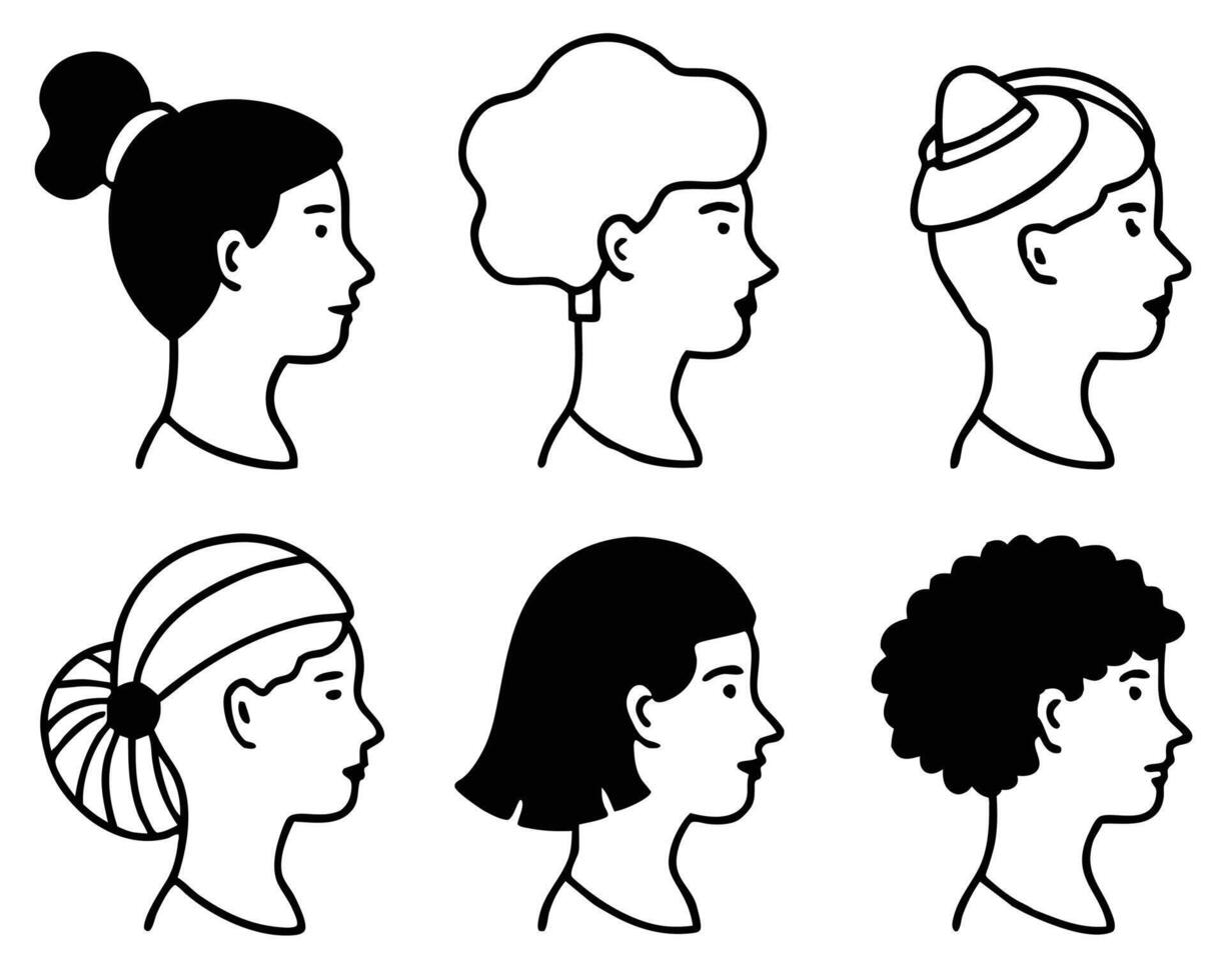 Six different stylish female head profiles with various hairstyles in black and white outline. vector
