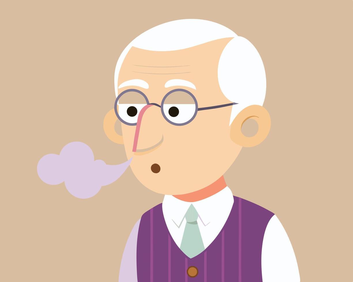 Cartoon illustration of an elderly gentleman exhaling breath with a surprised expression vector