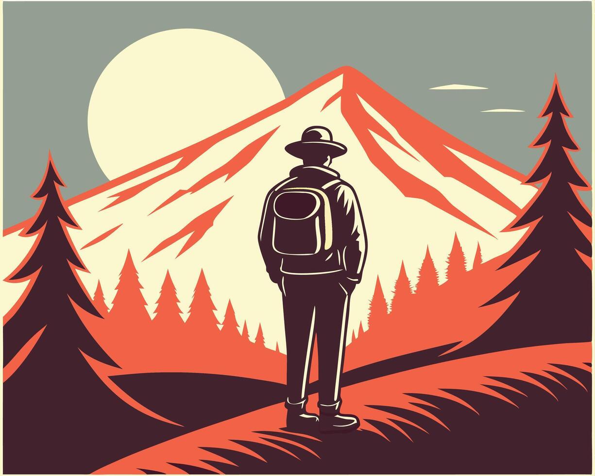 Adventurous hiker stands before mountain landscape under bright sun in retro illustration vector