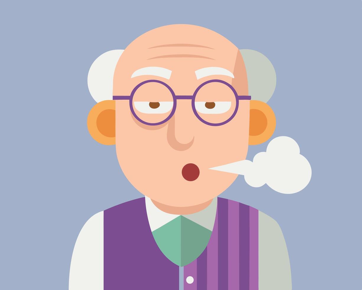 Cartoon illustration of an elderly man exhaling steam from his mouth while wearing glasses vector