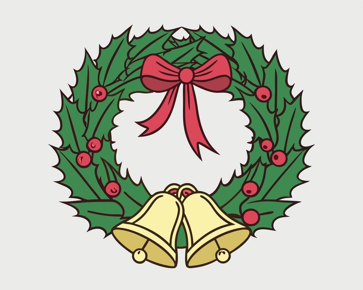 Festive christmas wreath illustration with holly berries a red bow and decorative golden bells. vector