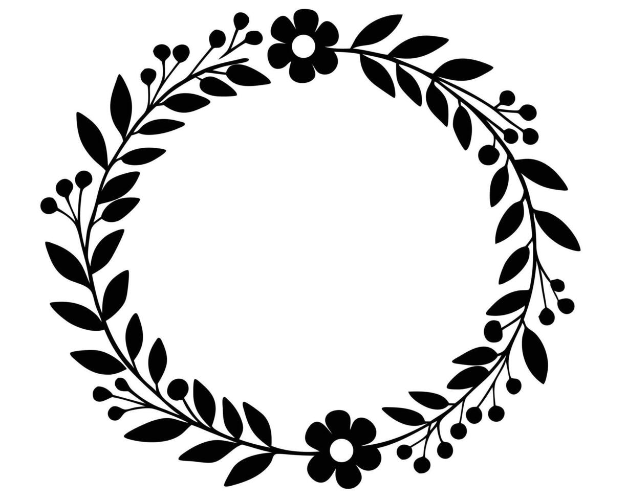 Elegant floral wreath with leaves and berries silhouetted in black and white style vector