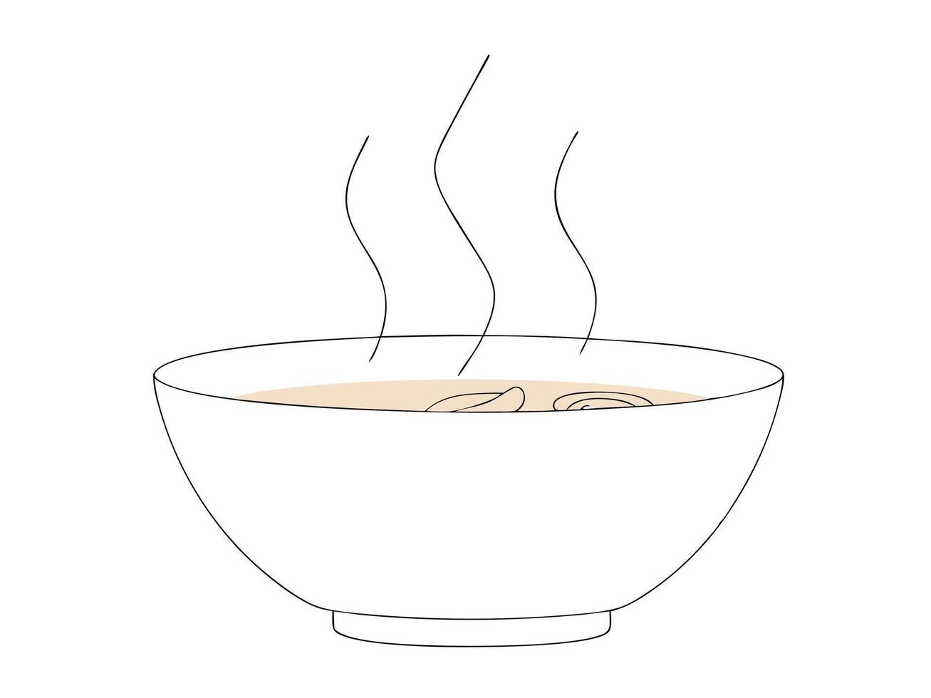 Illustration of a white bowl filled with hot soup steam rising on a plain background vector