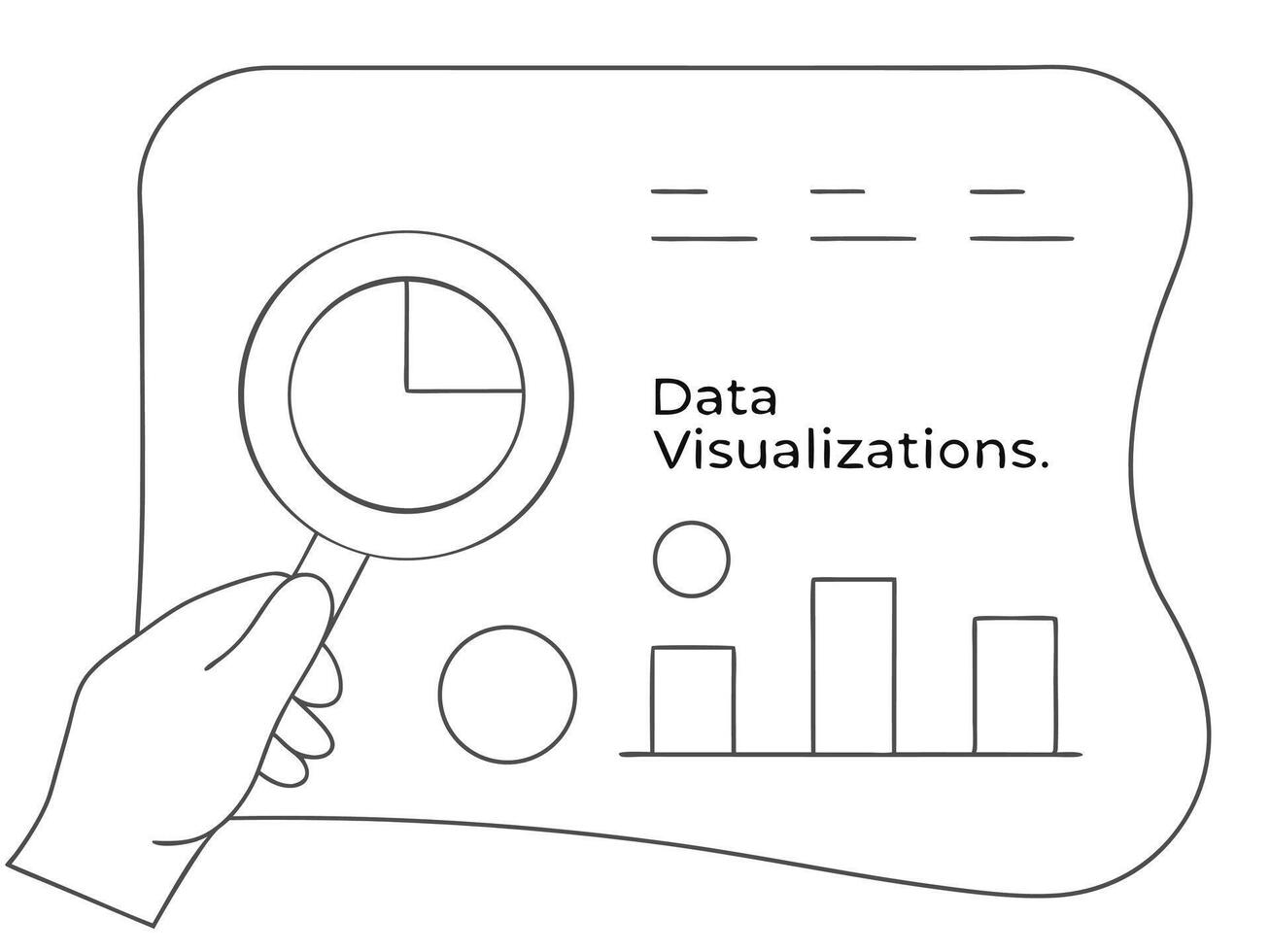 Hand holding magnifying glass examining data visualization charts and graphs analysis concept vector