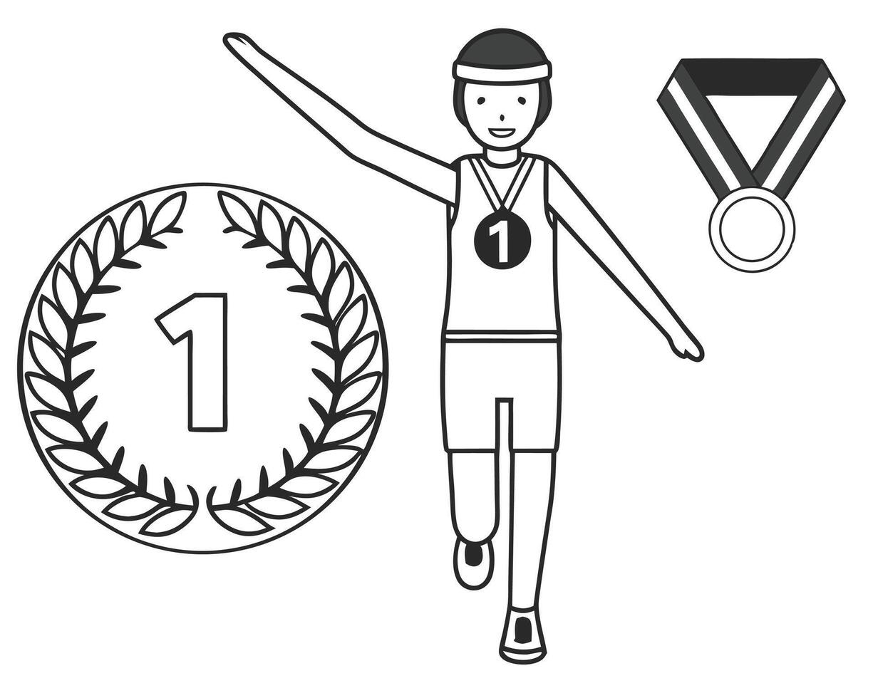 Runner celebrating victory winning a gold medal with a laurel wreath and number one vector