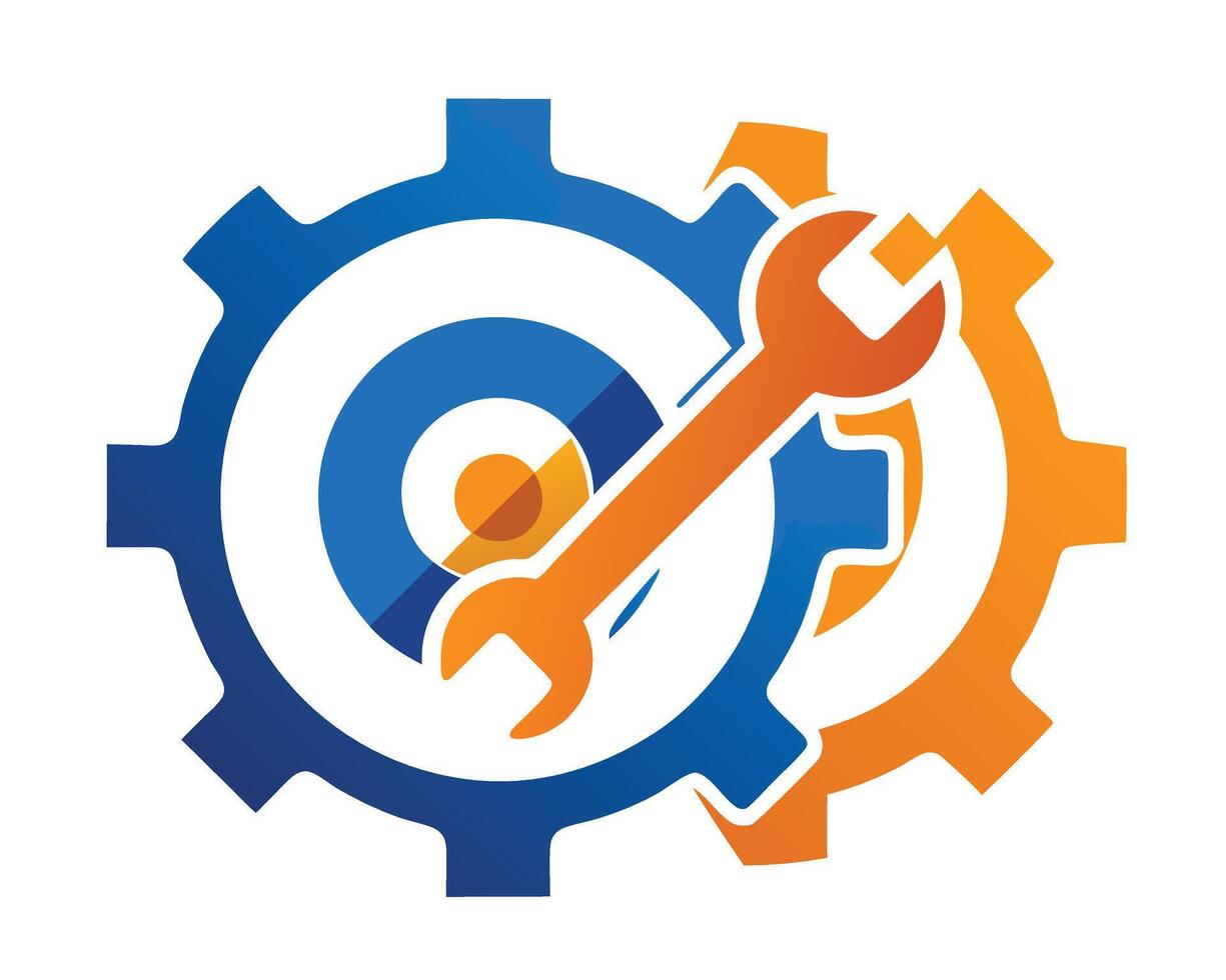 Gear and wrench icon representing engineering service and mechanical maintenance solutions vector