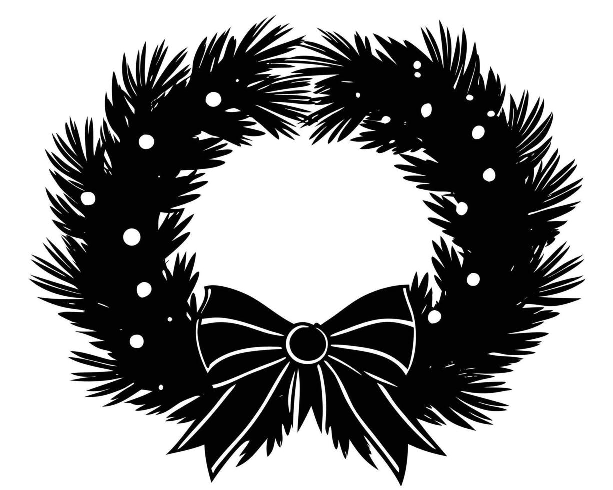 Elegant christmas wreath silhouette with a beautiful bow and festive decorations design vector