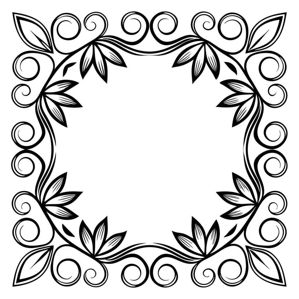 Elegant square floral frame black and white design with swirls and decorative leaf elements vector