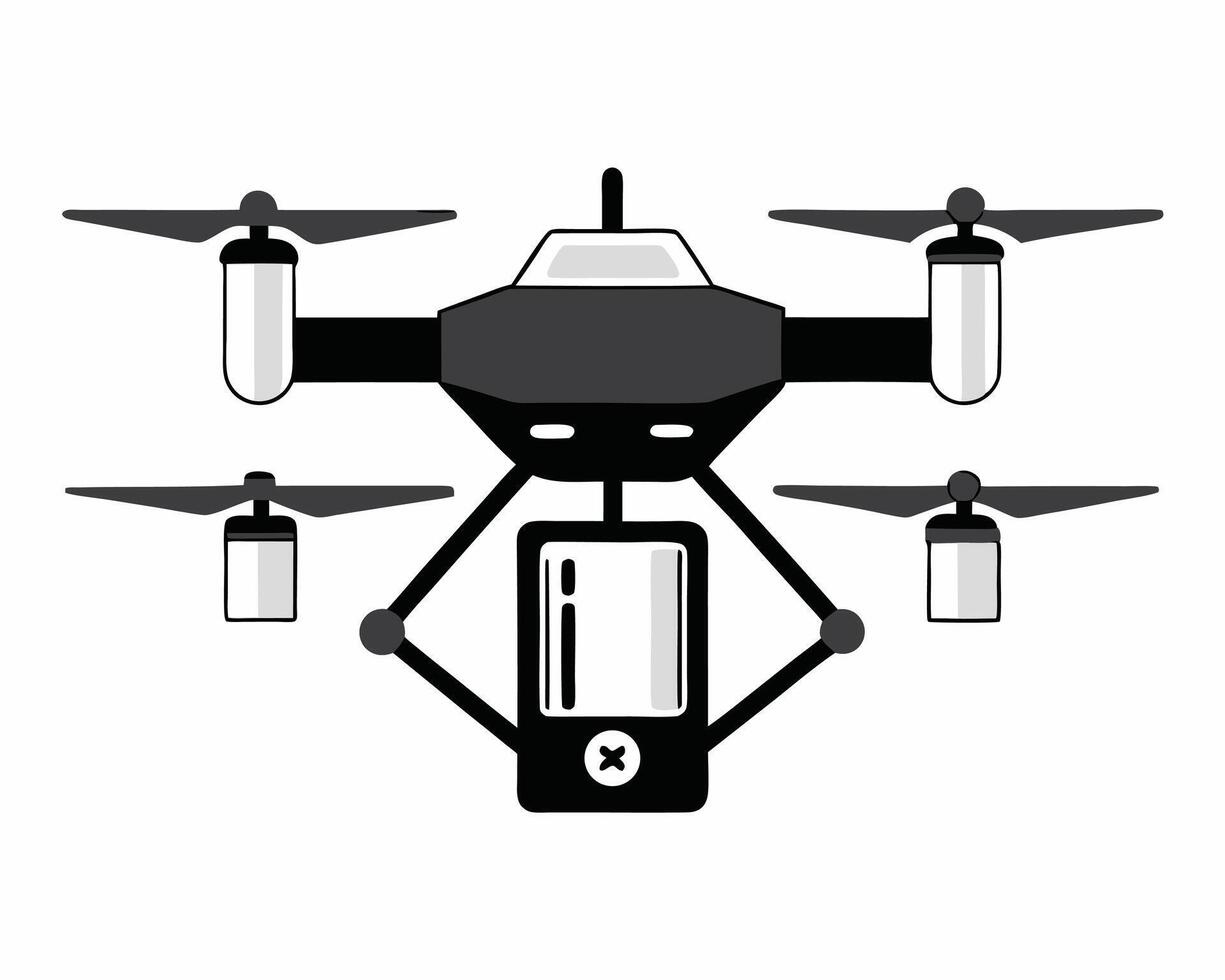 Illustrated black and white drone with a screen displaying error message on isolated white background vector