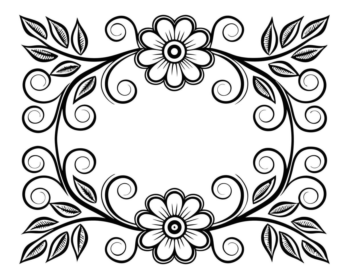 Elegant black and white floral frame design featuring flowers leaves and swirls isolated vector