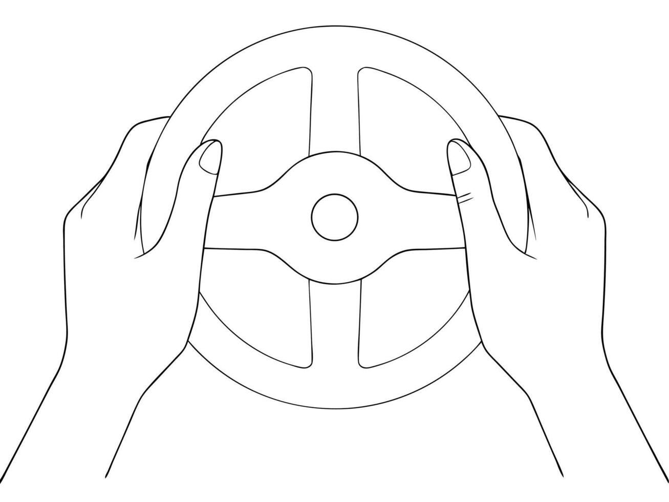 Hands gripping a car steering wheel illustration simple black and white line art vector