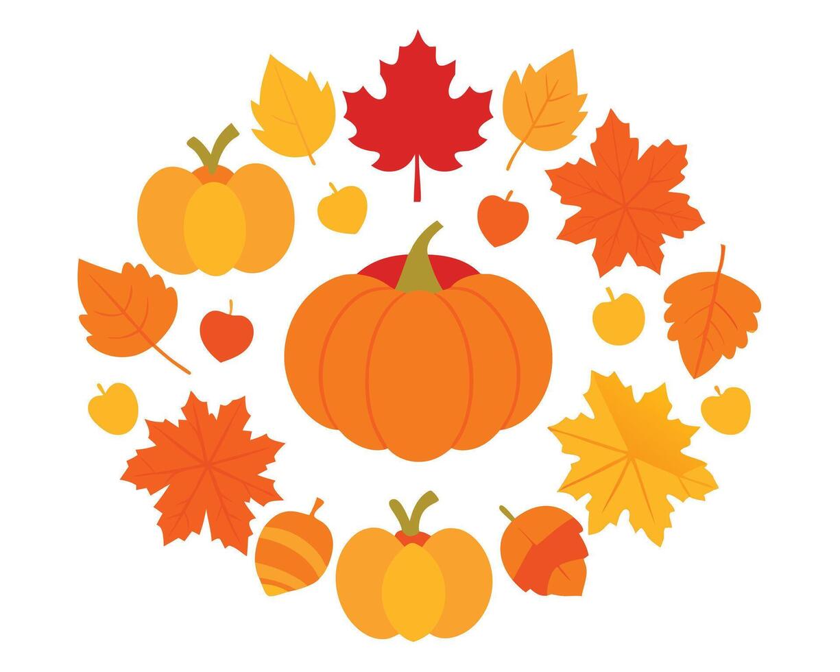 Autumn harvest illustration with pumpkins leaves and apples in a circular arrangement vector
