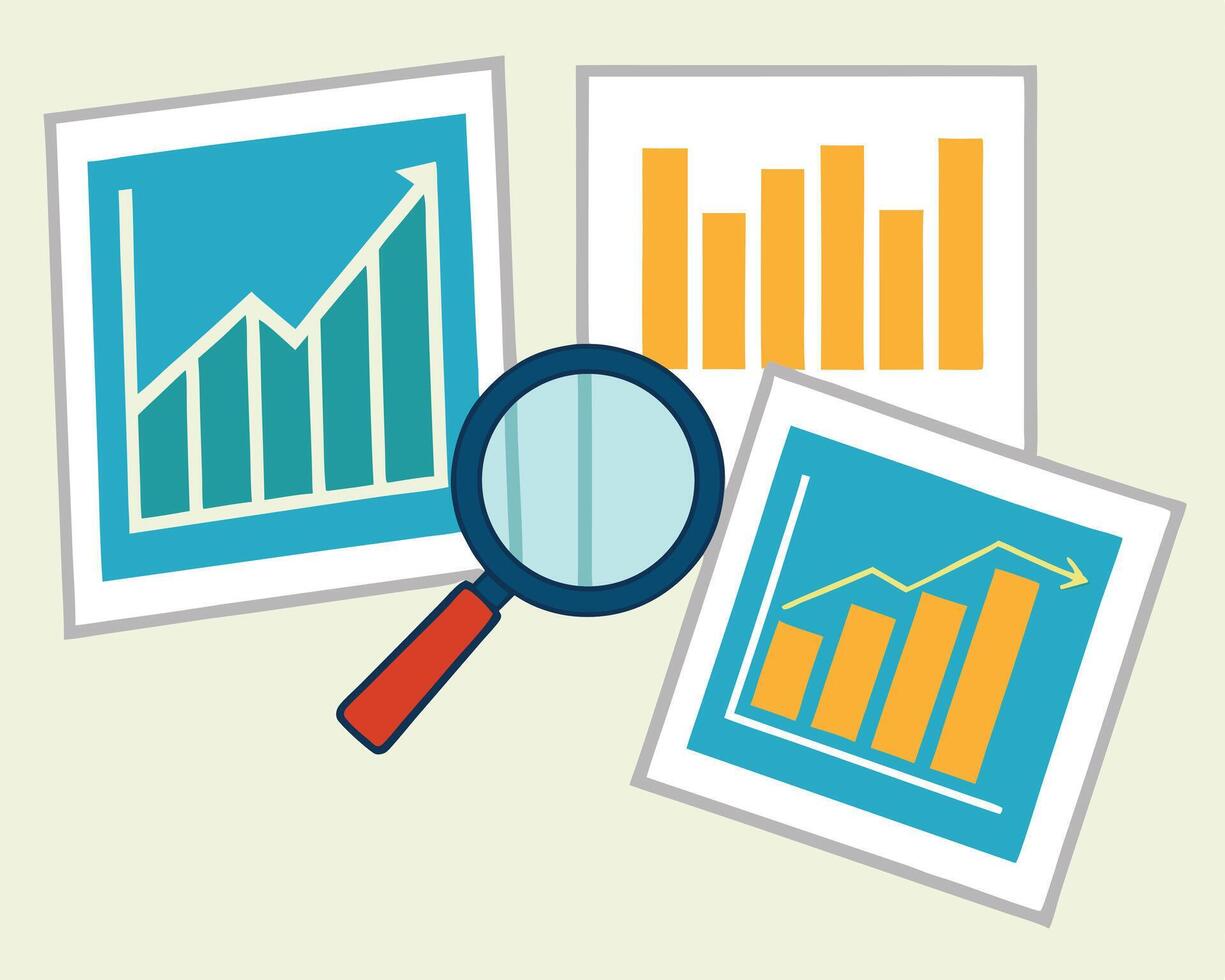 Business analytics and financial analysis with graphs and a magnifying glass illustration. vector