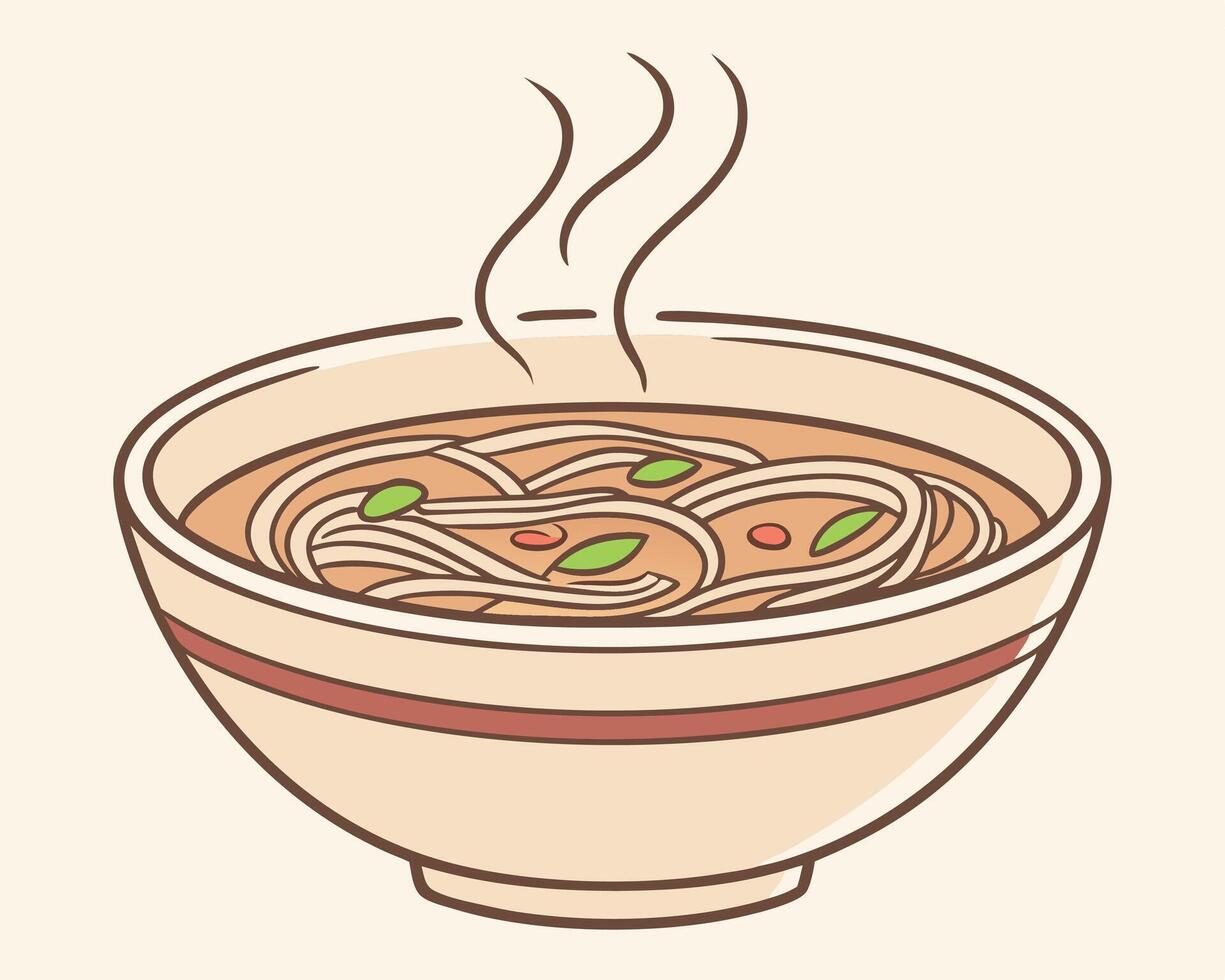 Delicious steaming bowl of noodles with aromatic broth garnished with fresh herbs illustration vector