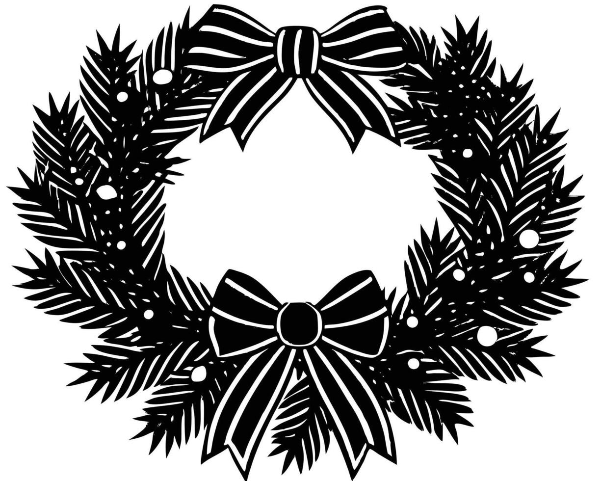 Elegant black and white christmas wreath decorated with festive bows and evergreen branches vector
