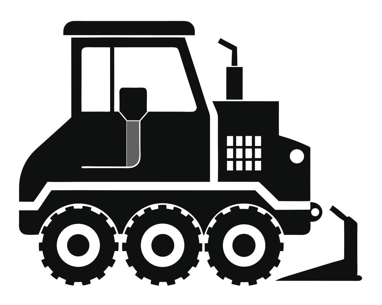Black and white illustration of a heavy-duty industrial earthmoving bulldozer on white background. vector