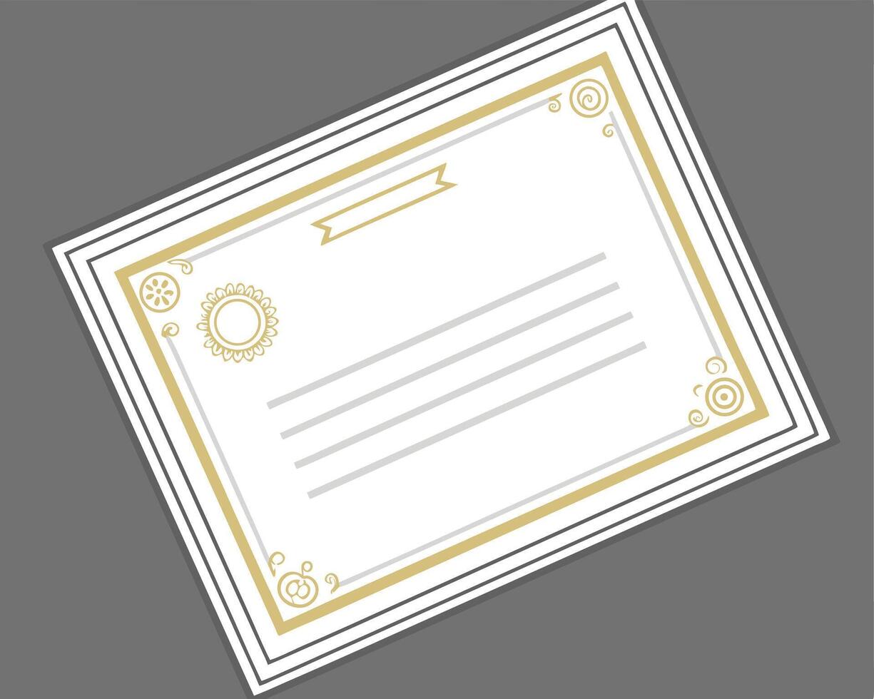 Elegant certificate template with ornamental gold accents on a white paper with lines and ribbon element. vector