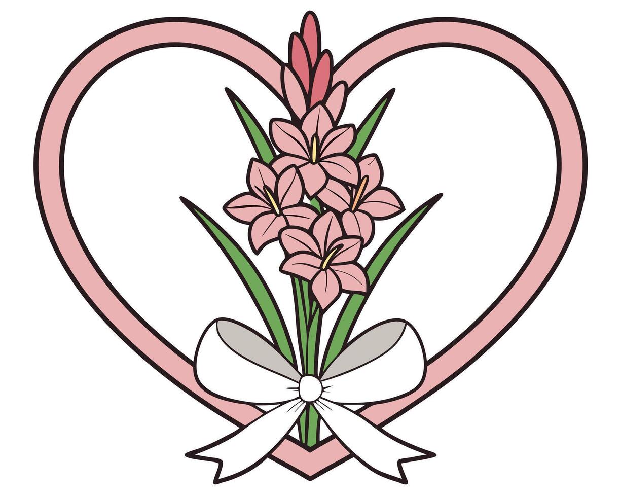 Elegant pink lily flowers bouquet inside a romantic heart with decorative ribbon vector