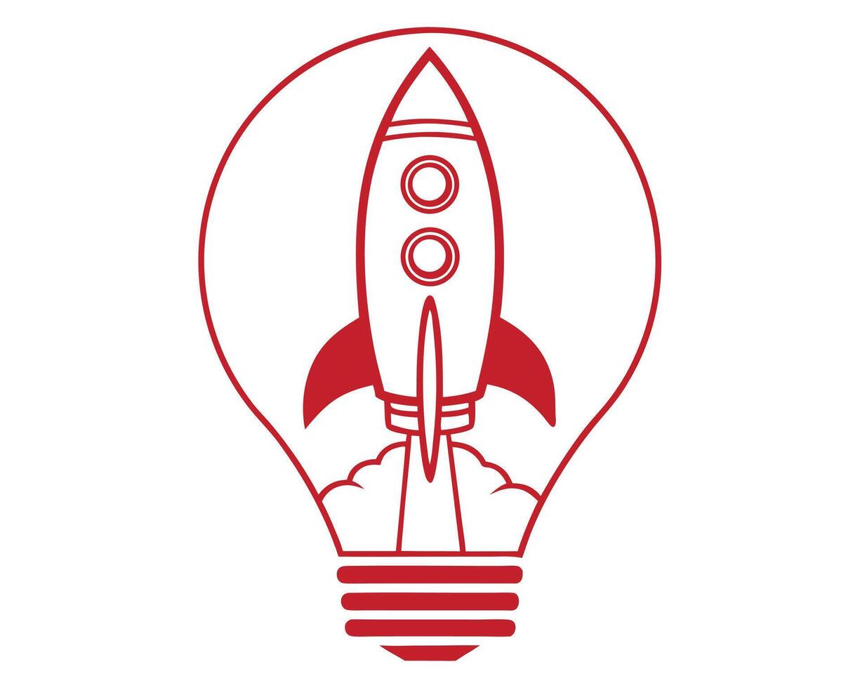 Red outline rocket ship launching inside a light bulb symbolizing innovation and startup vector