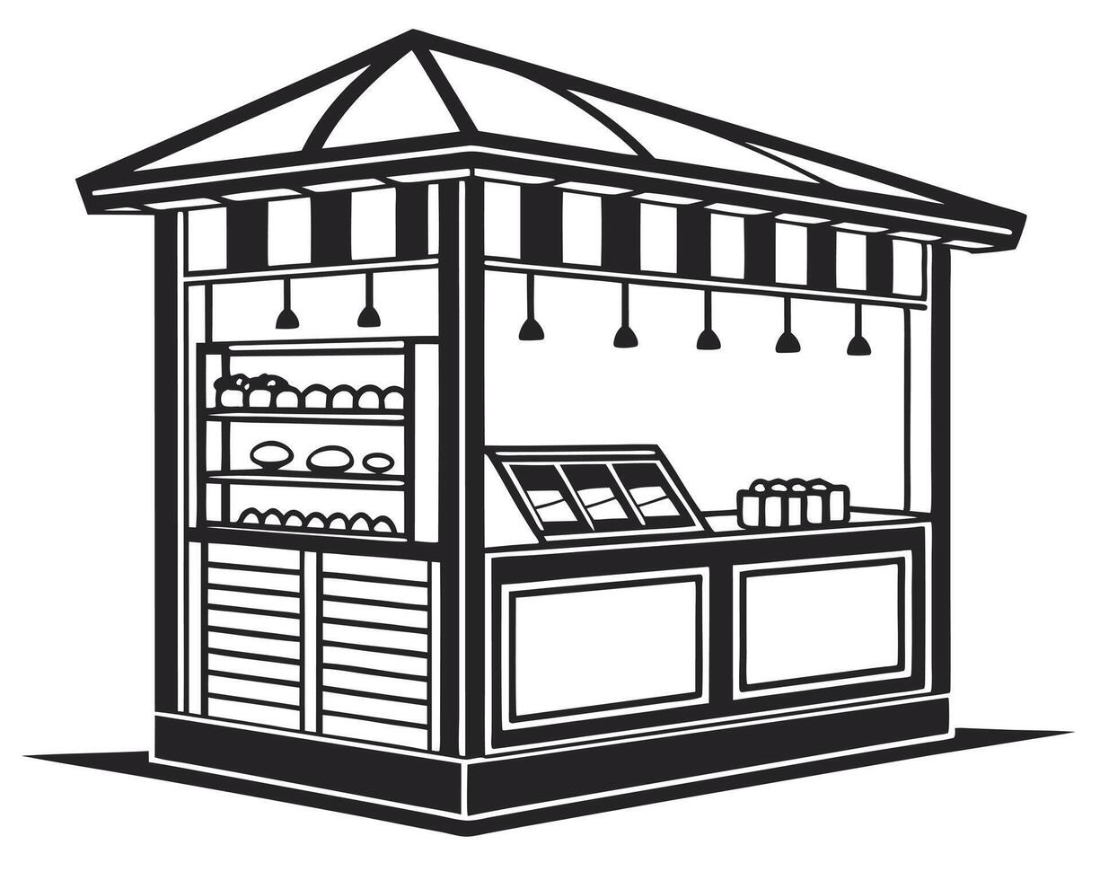 Detailed black and white illustration of a food stall or market stand with awning and lighting. vector