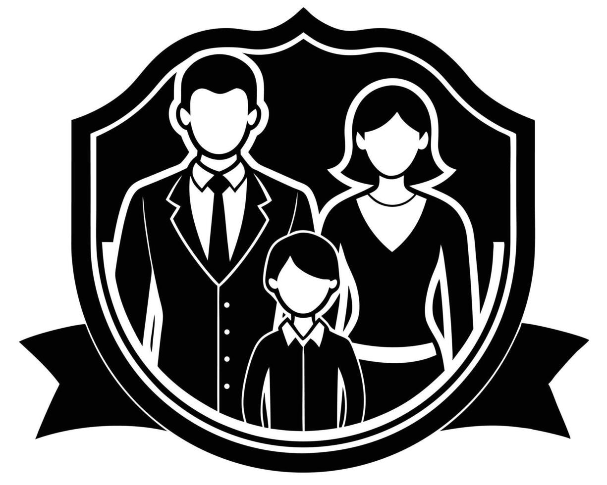 Black and white family illustration set inside a shield emblem design concept on a white background vector