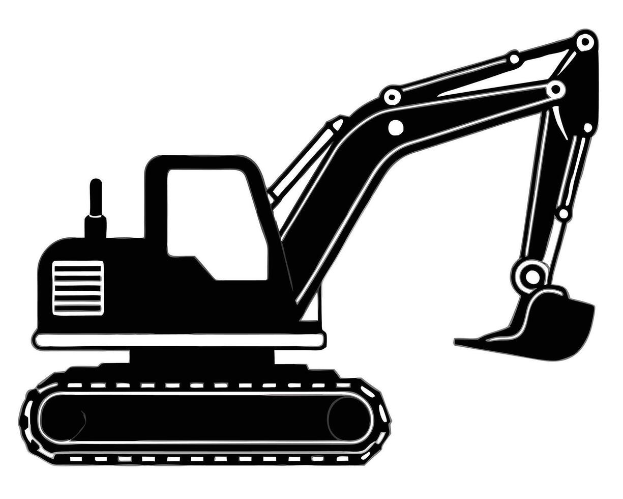 Black and white silhouette illustration of a modern excavator construction machine vector