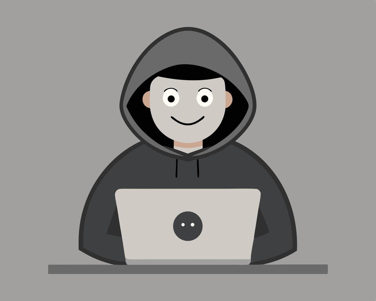 Anonymous hacker wearing a hoodie working on laptop computer on a gray background vector