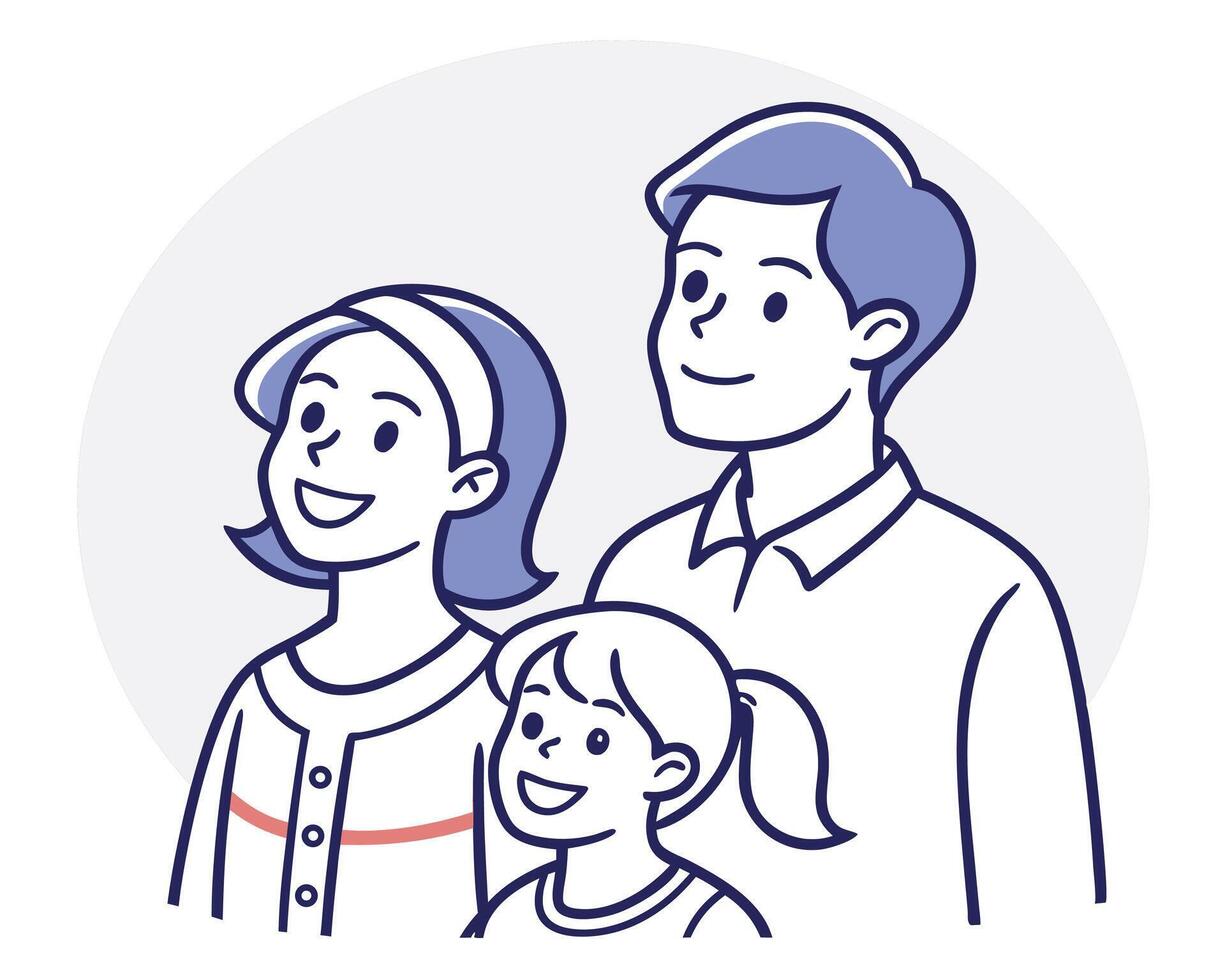 Illustration of a happy family with a mother father and daughter in a flat cartoon style vector