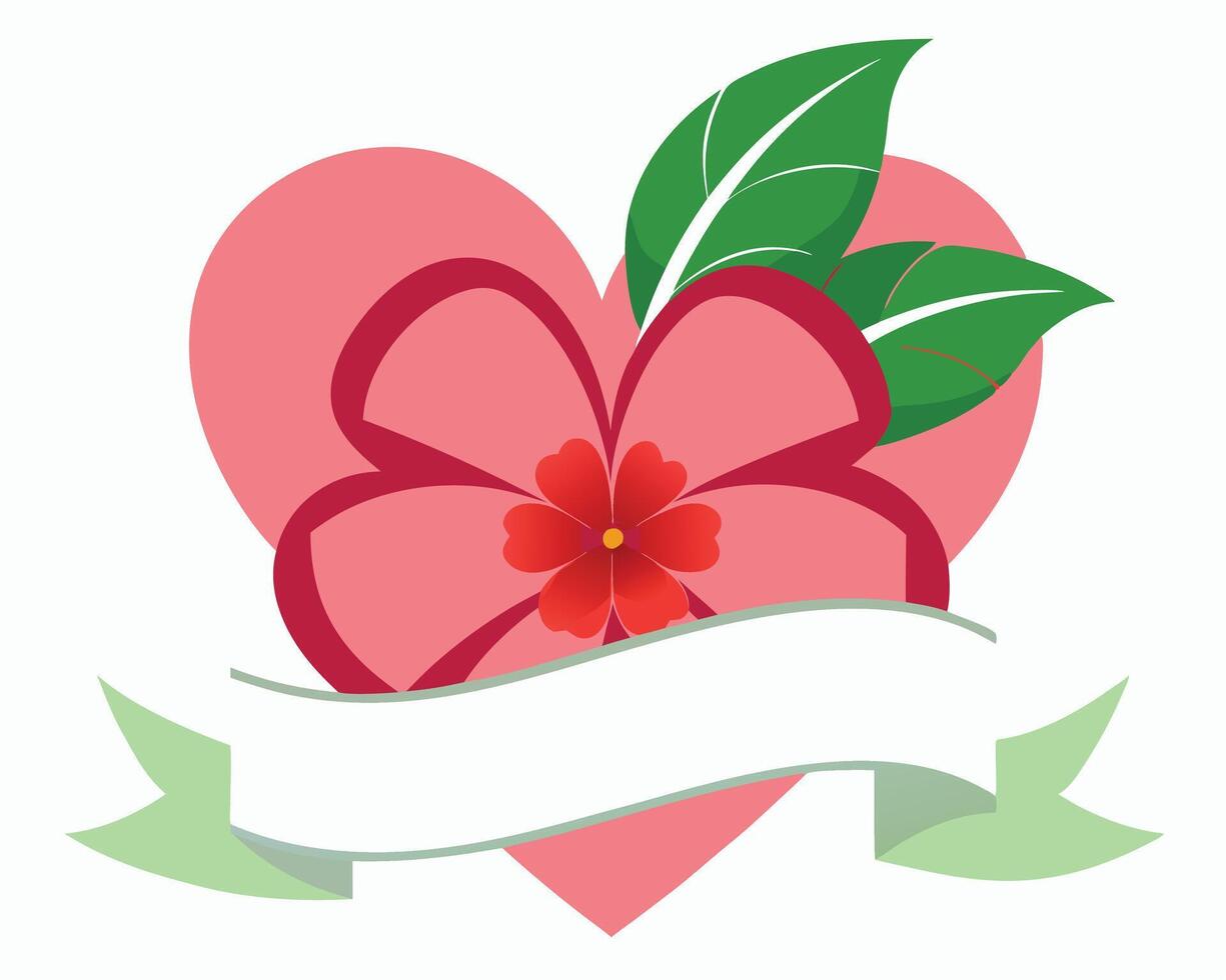 A decorative pink flower with a heart shape and blank banner isolated on a white background. vector