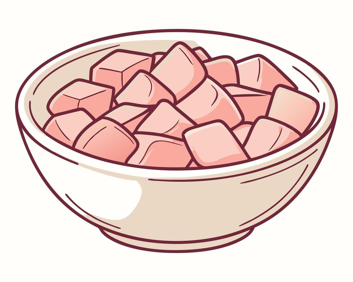 A white bowl filled with pink diced cubes ready for delicious culinary dishes vector