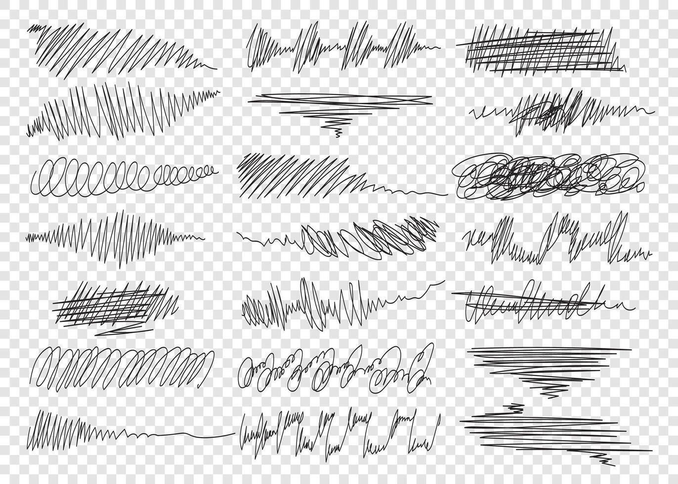 collection of hand drawn strokes. Ink scribble stripes, childrens crayon doodle, rough hand drawn scratches. Set of unique squiggles in doodle style. vector