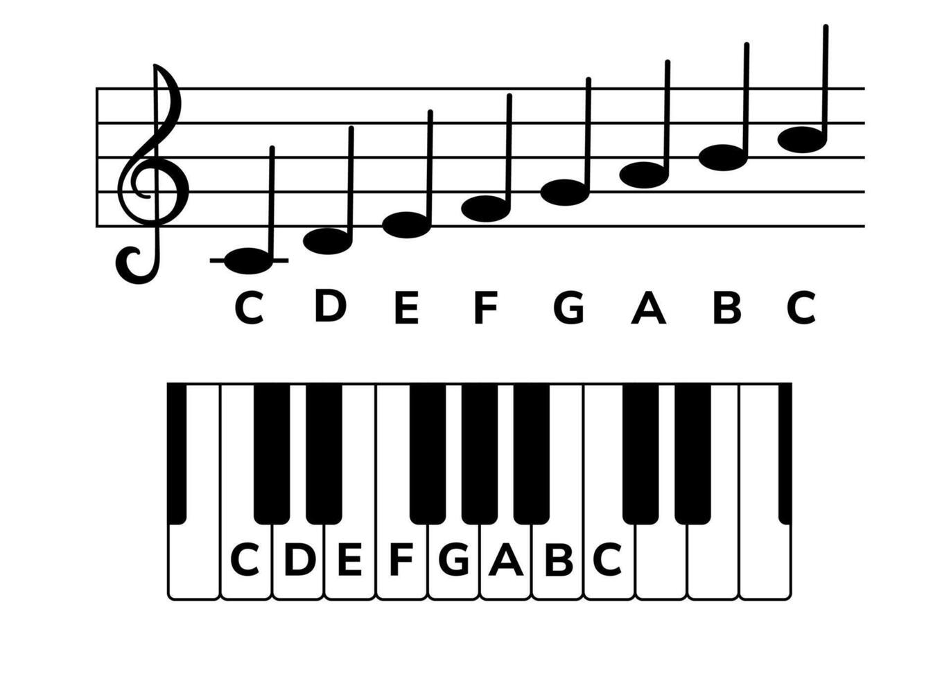 Musical staff and a piano keyboard with notes. Musical infographic with C major scale for music piano lessons, educational apps vector